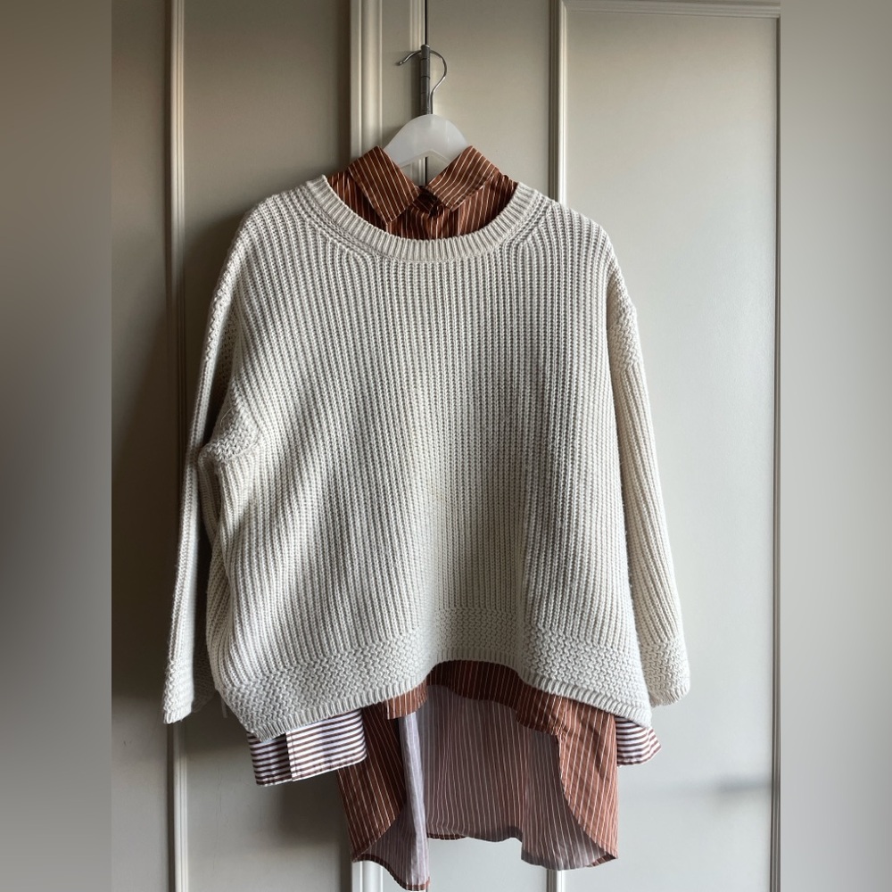 8 Seconds Cream Knit Sweater and Brown Striped Shirt Set